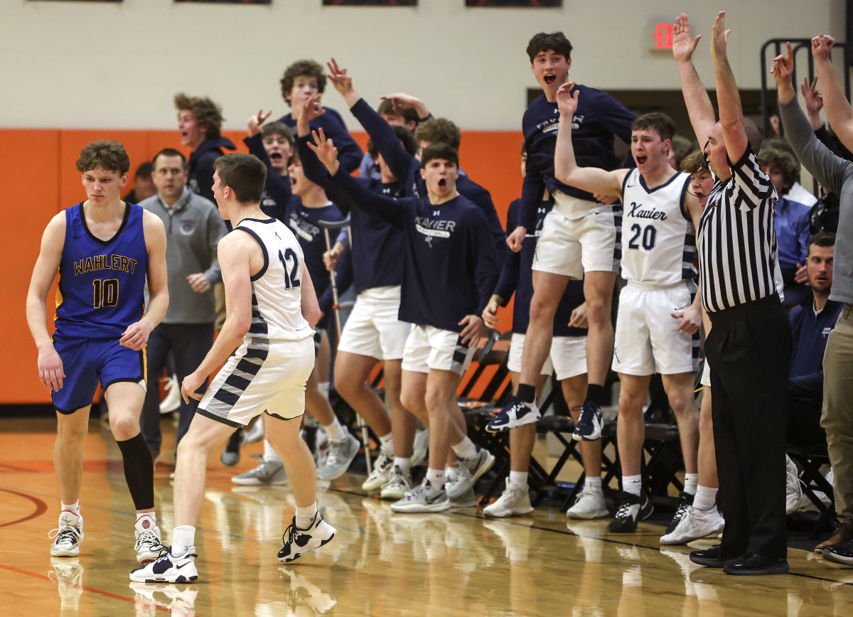 The Xavier bench approves during a 48-44 overtime win over Dubuque Wahlert on Monday night. (Photo by Dave Kettering/Dubuque Telegraph Herald)